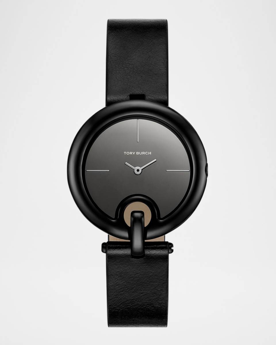 Pierced 36mm Watch with Black Leather Strap